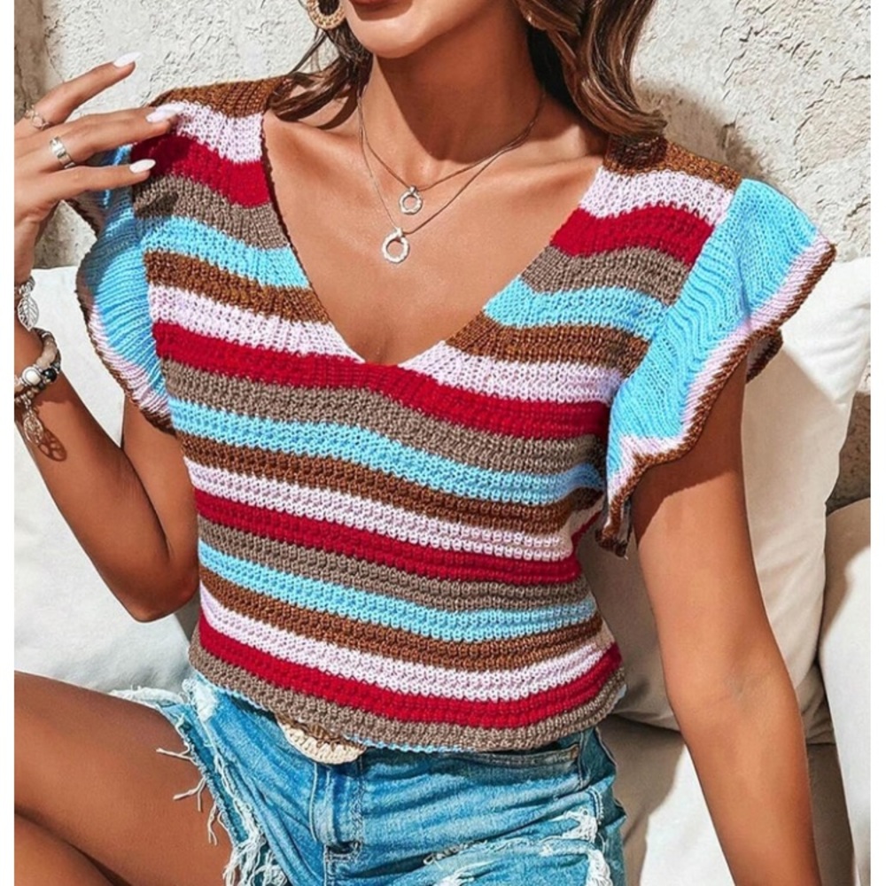Crochet‎ Top Knit Shirt Ruffle Cap Sleeve Striped Fall Transition Fall Fashion